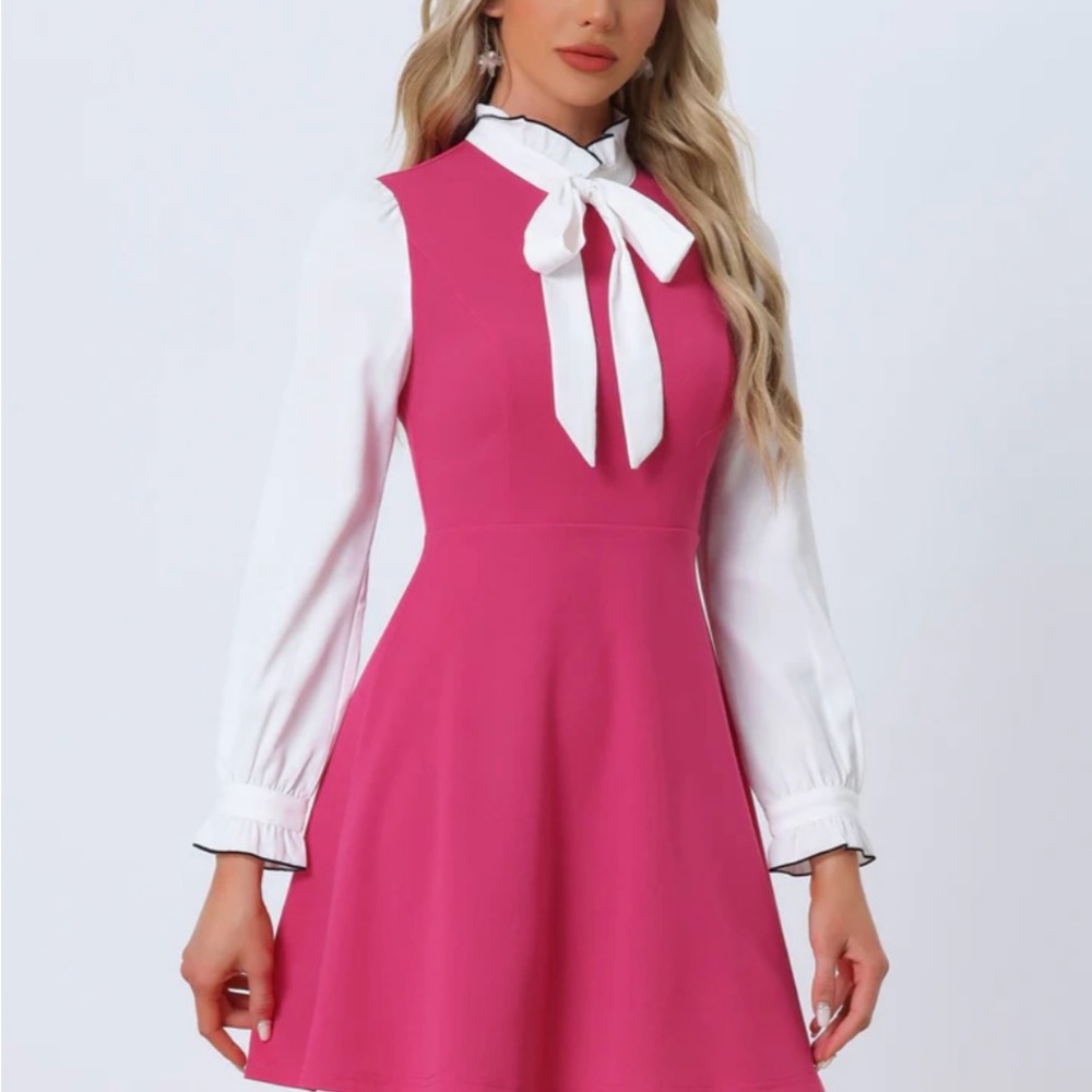 Allegra K Pink and White‎ Long Sleeve Dress